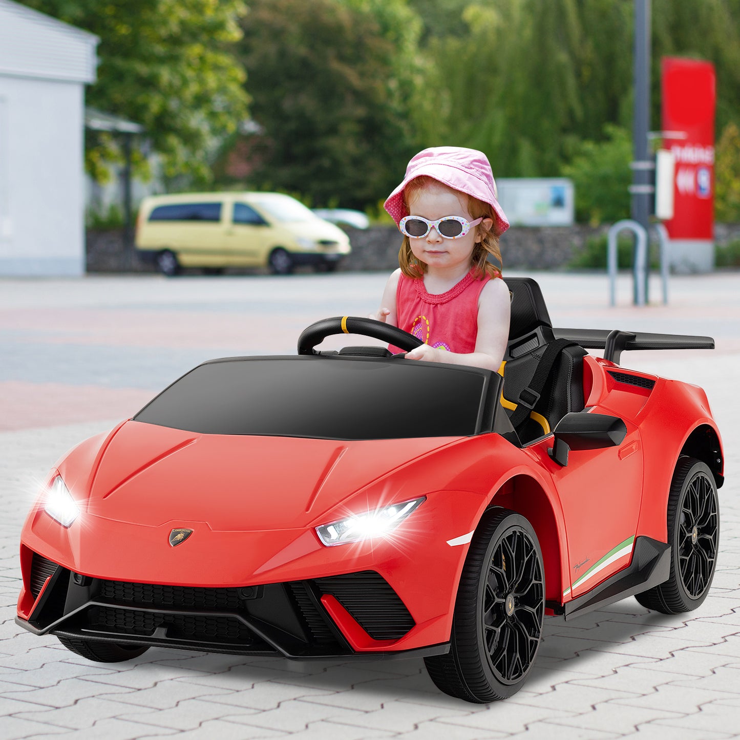 Licensed Lamborghini Huracan Ride on Car by OLAKIDS, 12V Kids Electric Vehicle Battery Powered Toy with Remote Control, LED Lights, Spring Suspension, Bluetooth, MP3, Aged 3-8 Years
