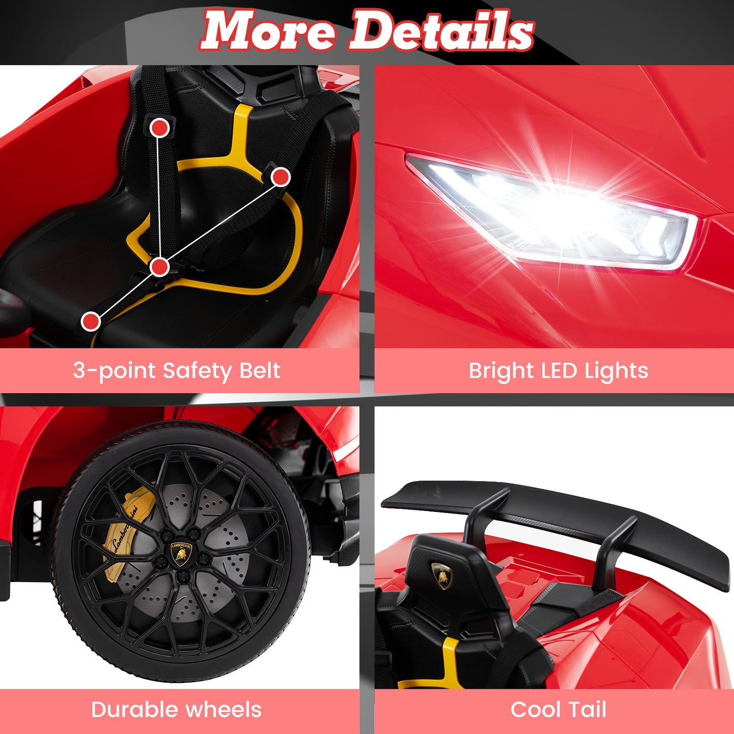 Licensed Lamborghini Huracan Ride on Car by OLAKIDS, 12V Kids Electric Vehicle Battery Powered Toy with Remote Control, LED Lights, Spring Suspension, Bluetooth, MP3, Aged 3-8 Years