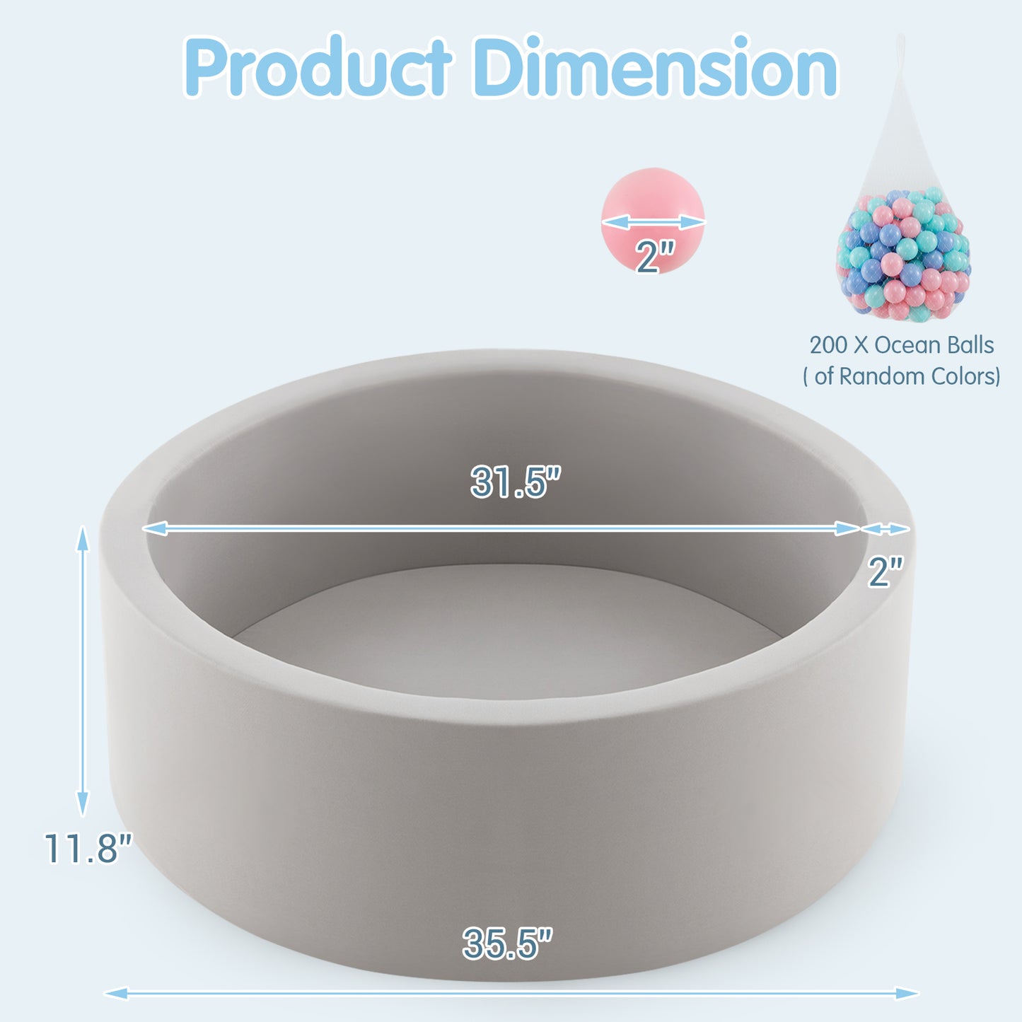 OLAKIDS Foam Ball Pit for Toddlers 200 PCS Pit Balls, 35” x 12” Soft Round Ball Pool Playpen with Sponge Pad, BPA Free, Ideal Gift for Babies Indoor Outdoor Games for Boys Girls