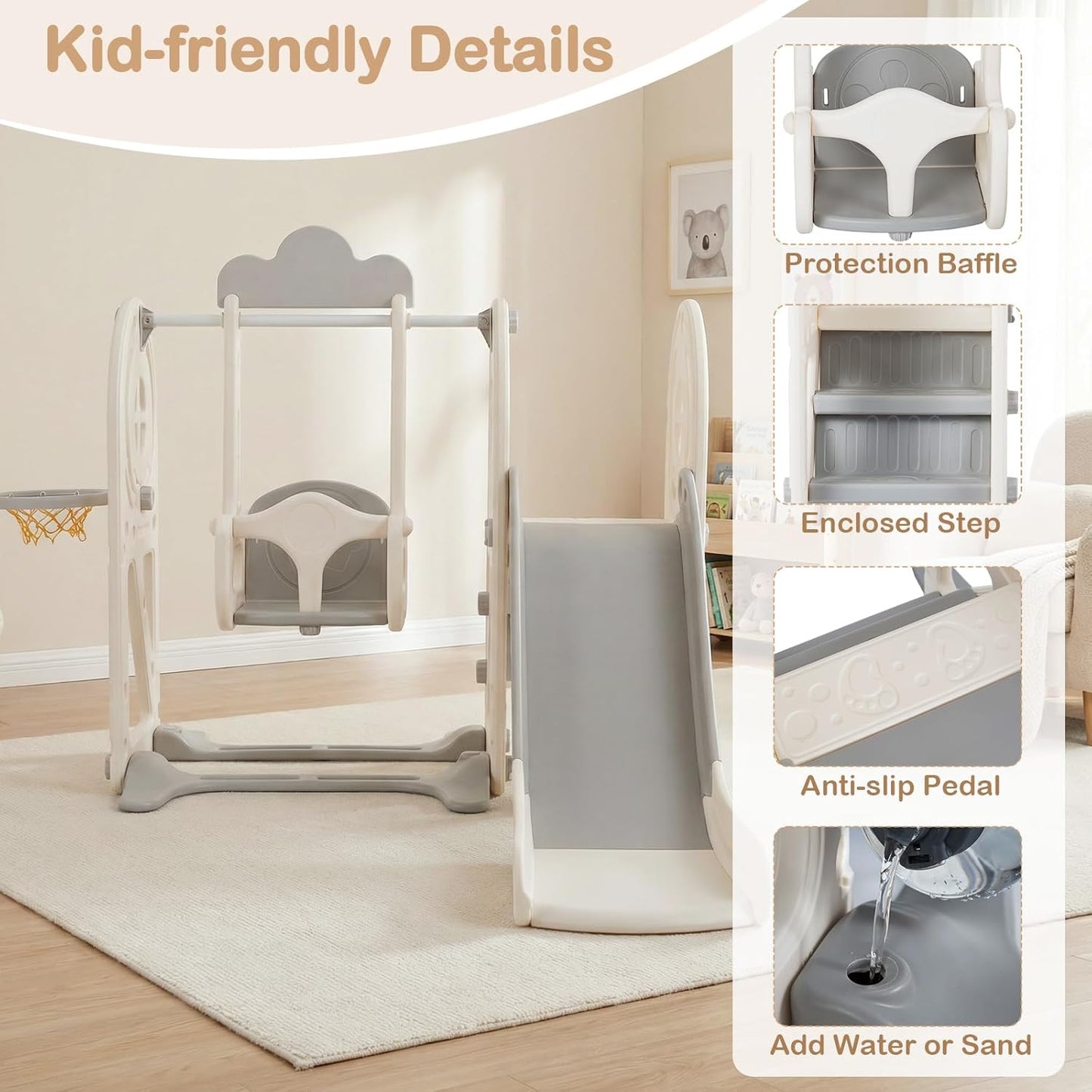 OLAKIDS Toddler Slide and Swing Set, 5 in 1 Bus Themed Baby Slide with Climber Basketball Hoop Car Playhouse for Indoor Outdoor Boys Girls Aged 3+