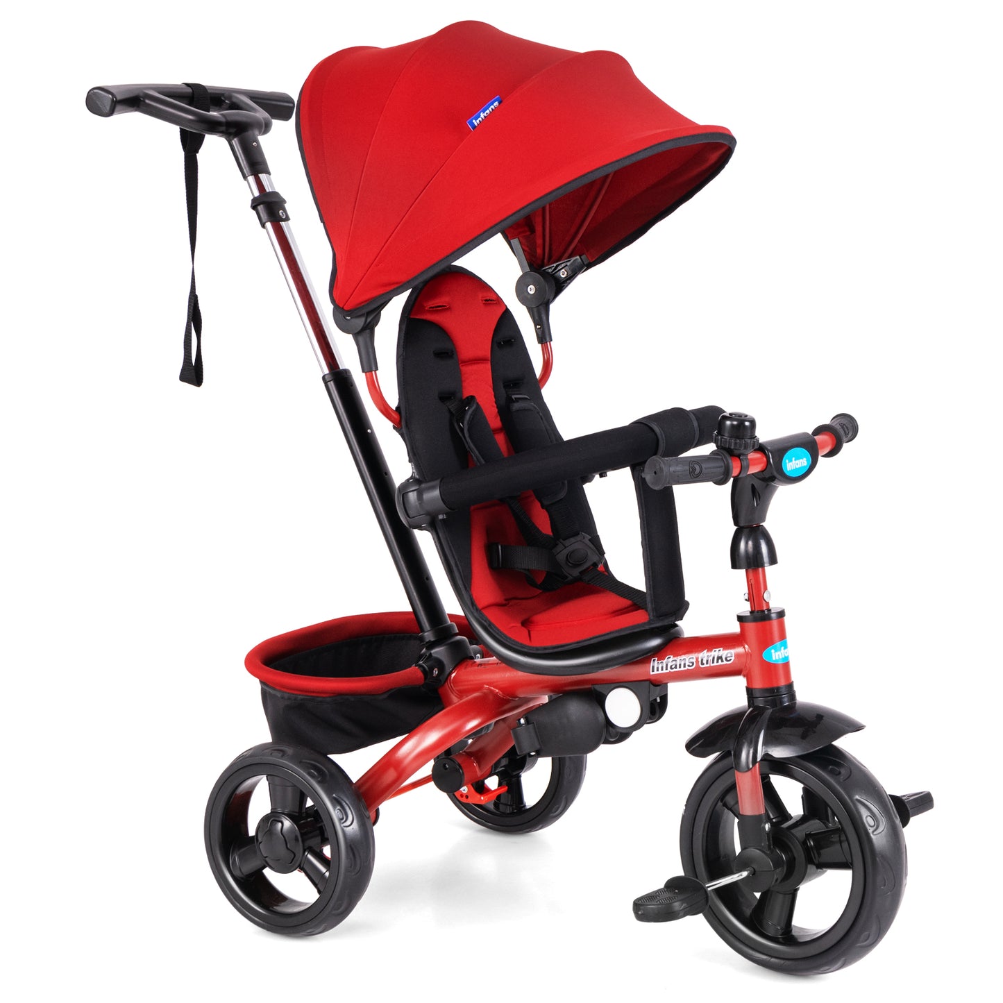 INFANS Kids Tricycle, 4 in 1 Stroll Trike with Adjustable Push Handle, Removable Canopy, Retractable Foot Plate, Lockable Pedal, Detachable Guardrail, Suitable for 10 Months to 5 Years (Blue)