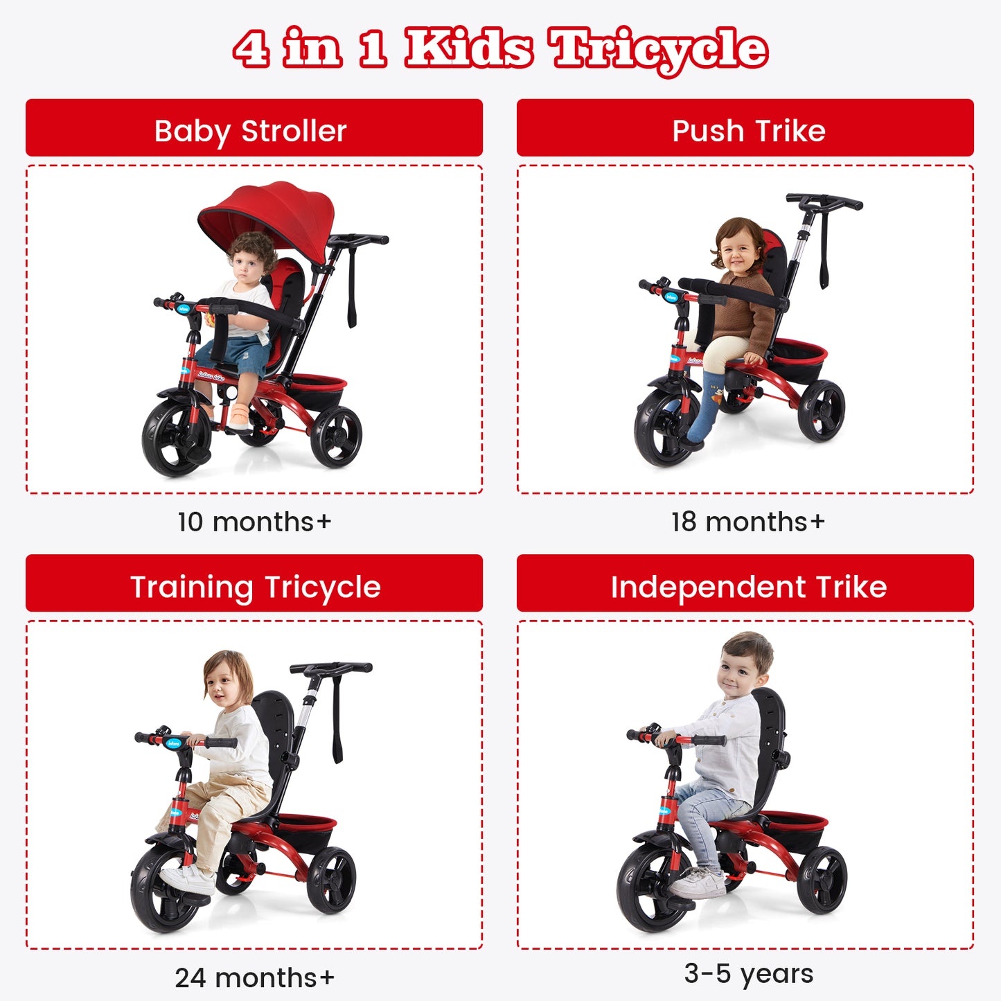 INFANS Kids Tricycle, 4 in 1 Stroll Trike with Adjustable Push Handle, Removable Canopy, Retractable Foot Plate, Lockable Pedal, Detachable Guardrail, Suitable for 10 Months to 5 Years (Blue)