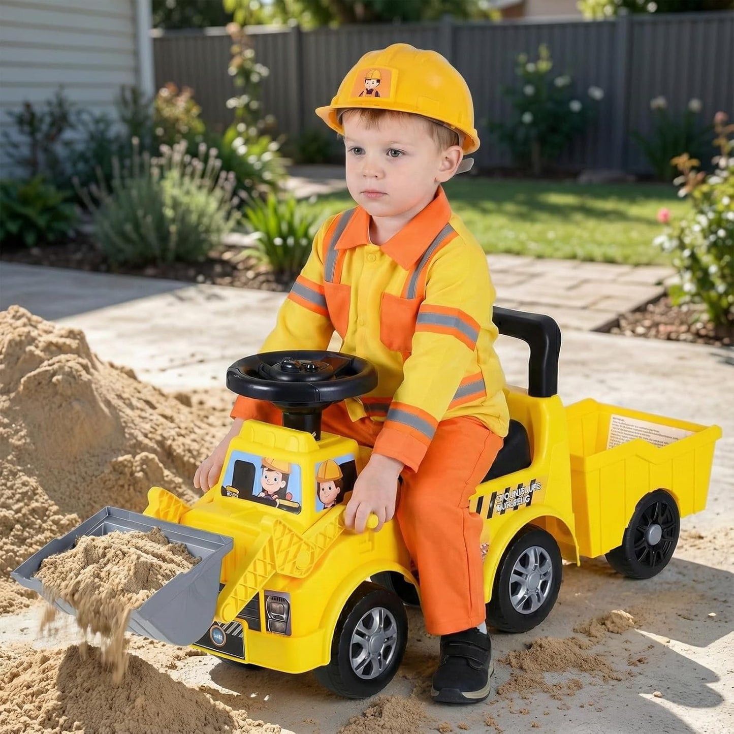 OLAKIDS 3-in-1 Ride on Bulldozer with Adjustable Bucket, Detachable Trailer, Under Seat Storage Pretend Play Excavator Construction Car for Toddlers