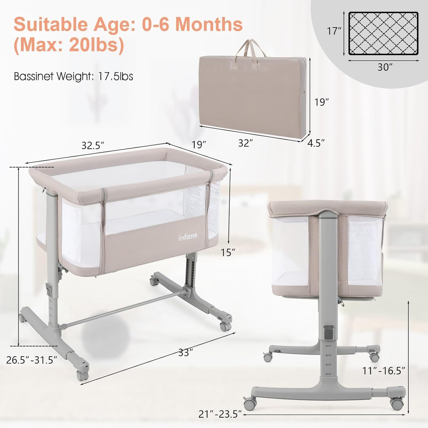 INFANS 3 in 1 Baby Bassinets, Bedside Sleeper for Newborn, Folding Crib with Mattress, Travel Bag, Wheels, 4-Sided Mesh, Easy to Assemble Cradle Co Sleeper Stationary, Rock
