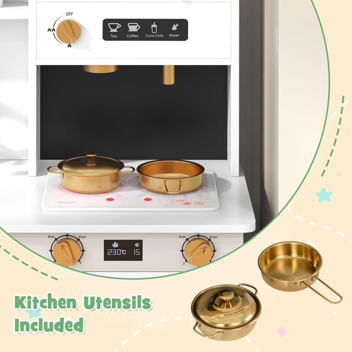 OLAKIDS Play Kitchen for Kids, 2-Piece Fridge Refrigerator Playset Combination with Electronic Interactive Alphabet Wall Chart Coffee Machine Stove Microwave, Toddler Wooden Pretend Cooking Set Gift