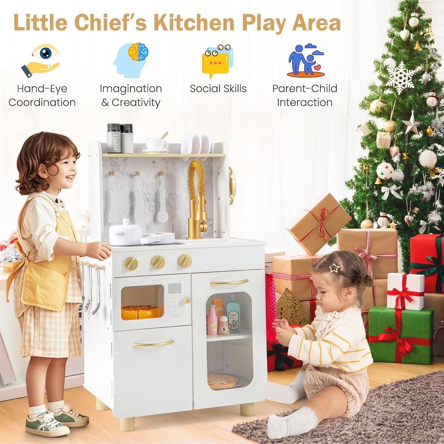 OLAKIDS Kids Kitchen Playset, Toddler Wooden Pretend Cooking Set with with Telephone Stove Microwave Storage Cabinet, Play Kitchen Toy Set with Toy Food Cookware Accessories for Children Boys Girls