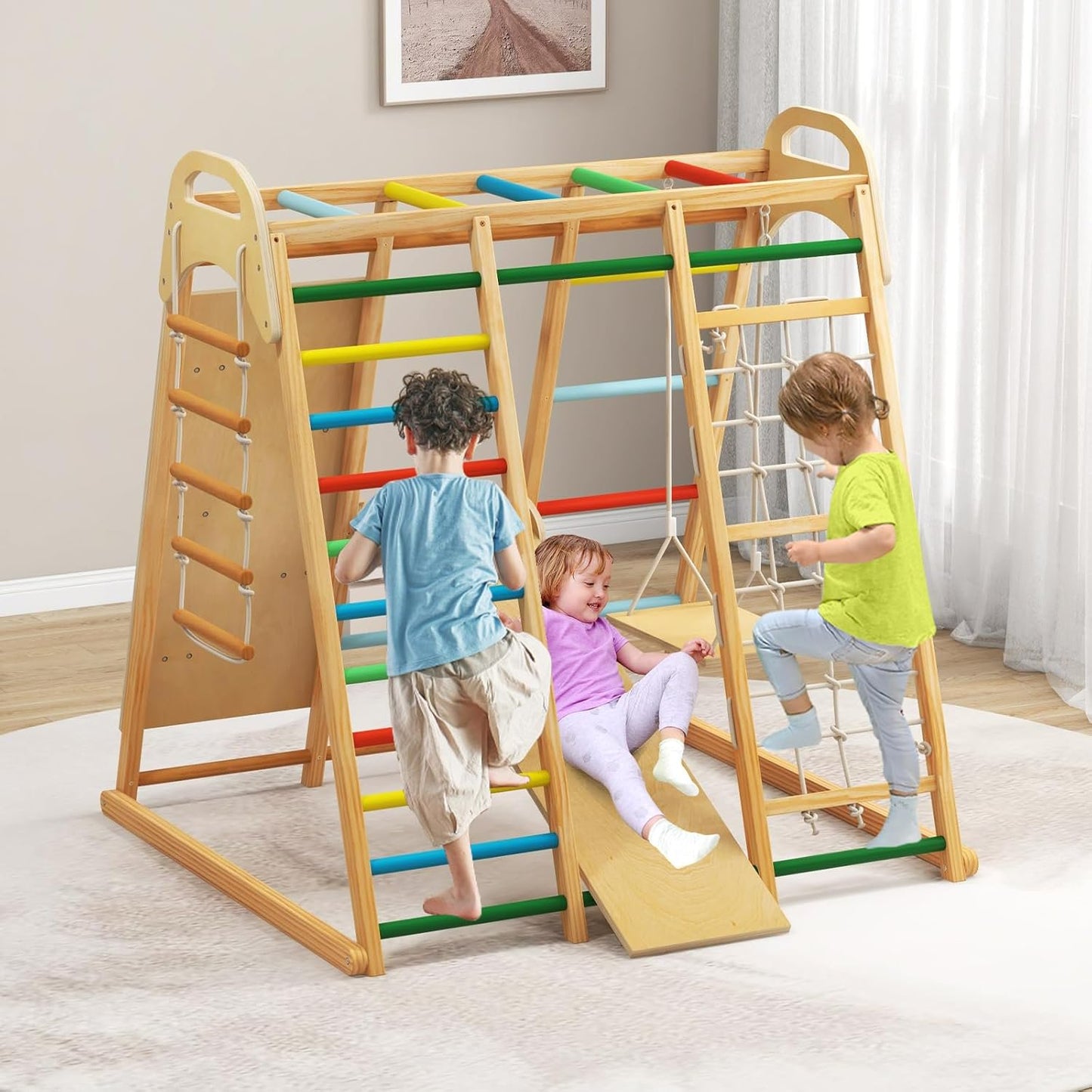 OLAKIDS 8 in 1 Climbing Toys for Toddlers, Kids Wood Montessori Climber Playset, Indoor Playground Jungle Gym