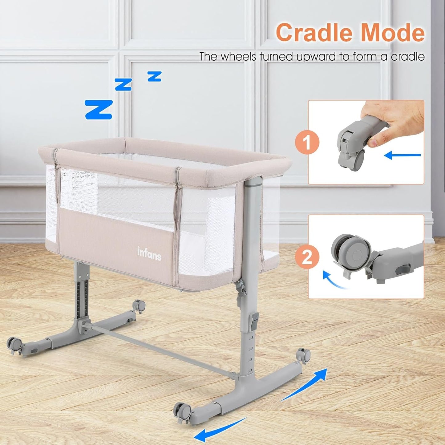 INFANS 3 in 1 Baby Bassinets, Bedside Sleeper for Newborn, Folding Crib with Mattress, Travel Bag, Wheels, 4-Sided Mesh, Easy to Assemble Cradle Co Sleeper Stationary, Rock