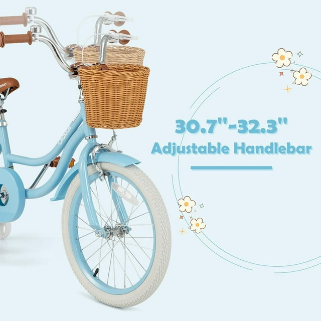 OLAKIDS Kids Bike, 14 16 18 Inch Toddlers Bike with Removable Training Wheels and Rattan Basket, Safety Bell, Adjustable Seat and Handlebar, Children's Bicycle for Girls Boys Age 3-8