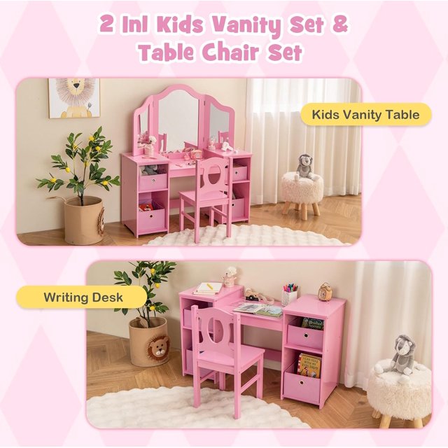 OLAKIDS Kids Vanity, 2 in 1 Princess Makeup Desk and Chair Set with Drawers Tri-Folding Detachable Mirror Large Storage Shelves
