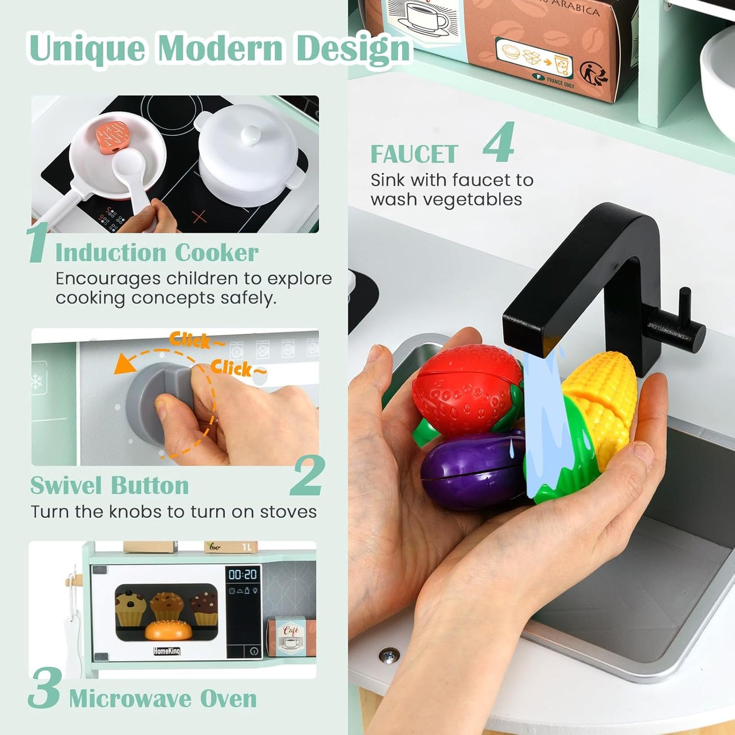INFANS Kids Kitchen Playset, Toddler Wooden Pretend Cooking Set with Stove Microwave Dustbin Storage Cabinet, Play Kitchen Toy Set with Toy Food Cookware Accessories for Children Boys Girls