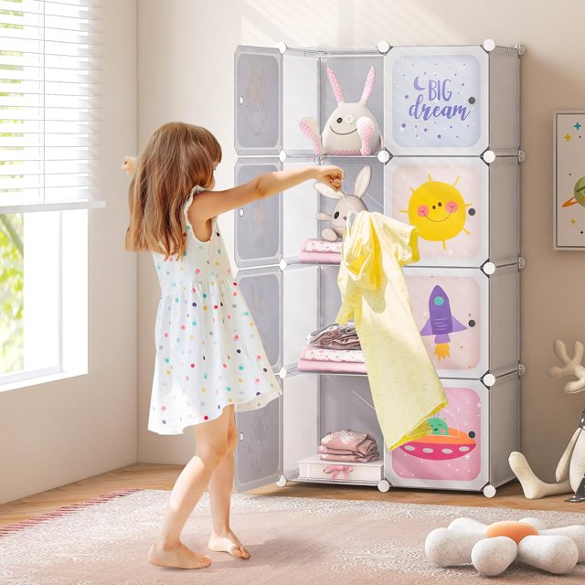 INFANS Children Wardrobe, Kid Closet Portable Baby Dresser Cute for Kids Bedroom Nursery Armoire with Doors 12 Cube 2 Hanging Sections, Kid Clothes Storage Organizer