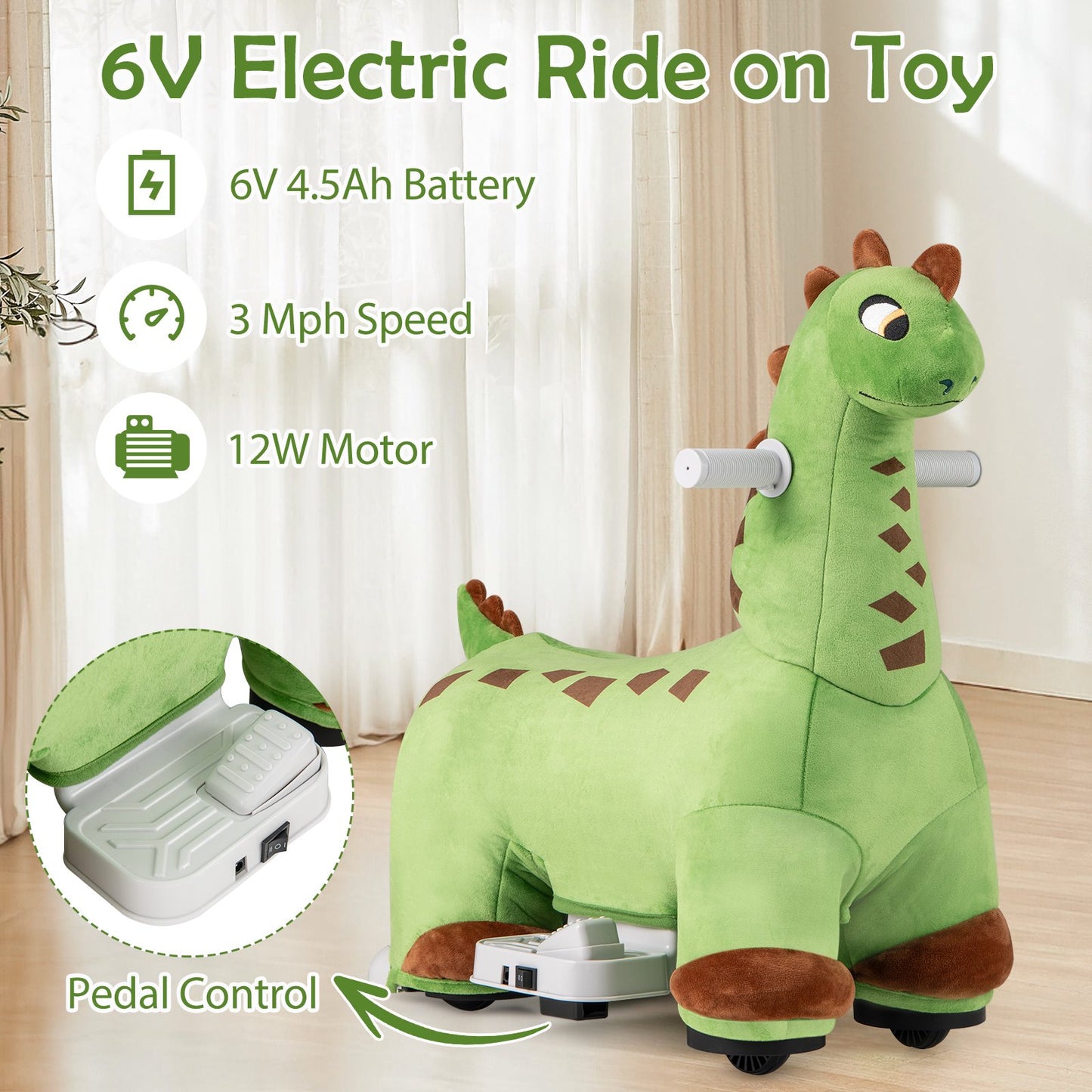OLAKIDS Ride on Toys, 6V Electric Battery Powered Electric Ride on Dinosaur with Music, Padded Seat, Forward, Foot Pedal, Wheels, Riding Horse Toy for Boys Girl Aged 3+