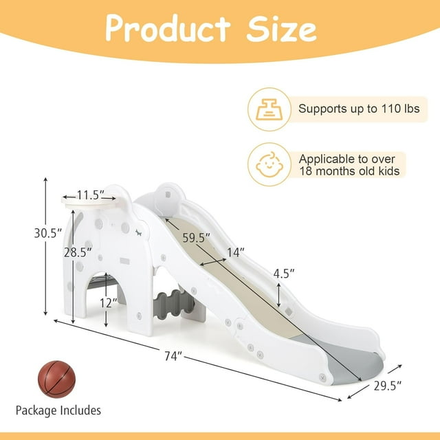 INFANS Toddler Slide, 4 in 1 Indoor Kids Slide Wave Slideway Max Load 330lb for Age 1-3 with Basketball Hoop Ball, Outdoor Climber Freestanding Playset, Sturdy Plastic Playground Toy