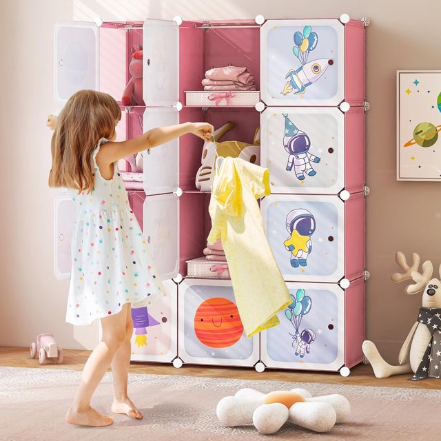 INFANS Children Wardrobe, Kid Closet Portable Baby Dresser Cute for Kids Bedroom Nursery Armoire with Doors 12 Cube 2 Hanging Sections, Kid Clothes Storage Organizer