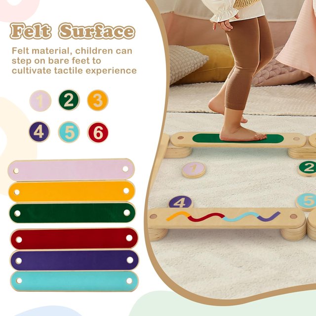 OLAKIDS Wooden Balance Beam Stepping Stones for Kids, Montessori 12 Piece Obstacle Felt Course Gymnastics Toy Furniture for Toddler Playroom Indoor Outdoor, Build Coordination Gross Motor Skills