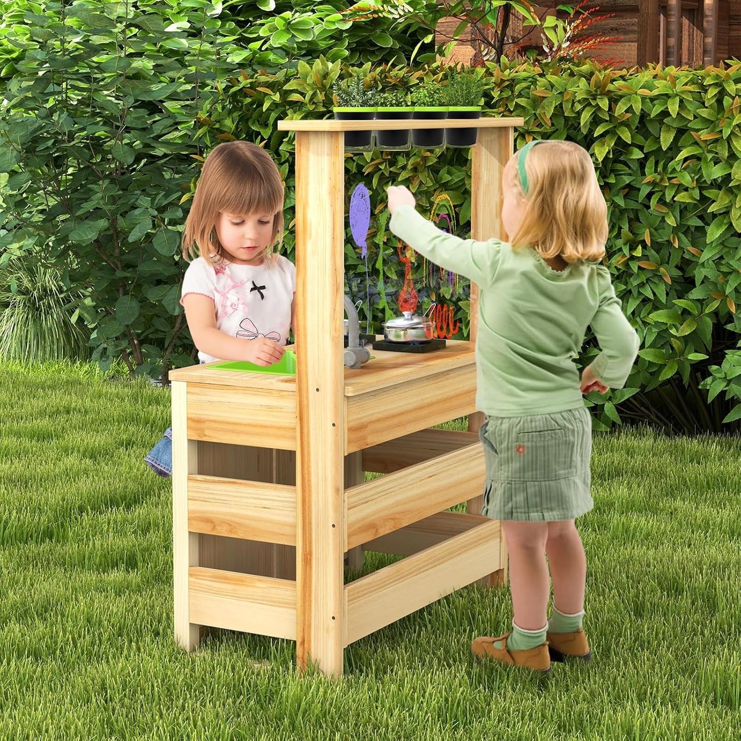 OLAKIDS Mud Kitchen, Outdoor Toys Play Kitchen with Acrylic Drawing Board Blackboard 4 Cups Removable Sink Cooking Accessories Wooden Kids Kitchen Playset Backyard Garden Gift for Boys Girls Ages 3+