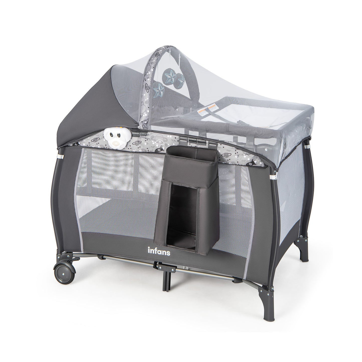 INFANS 4 in 1 Pack and Play, Portable Nursery Center with Bassinet, Mattress, Diaper Changer, Bag, Toys, Music Box, Storage Basket, Travel Playard for Baby Kid Infant