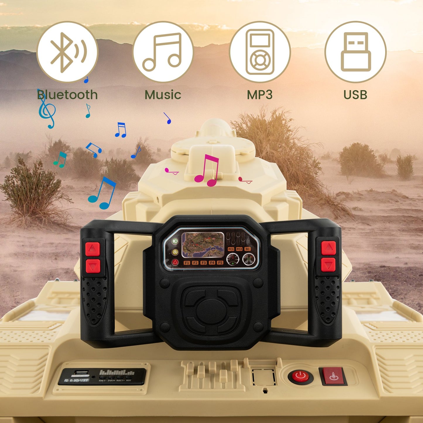 OLAKIDS 12V Ride on Car, Kids Electric Tank with Remote Control, 8 Cannonballs, Rotating Turret, 360°Spin Vehicle, Bluetooth, Battery Powered Army Tank Toy for Boys Girls
