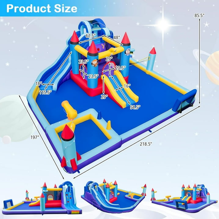 OLAKIDS Inflatable Water Slide, 10 in 1 Rocket Theme Bounce House Water Park with 2 Slides Splash Pool Volleyball Soccer Gate, Outdoor Inflatable Obstacle Course for Kids Backyard (Without 950W)