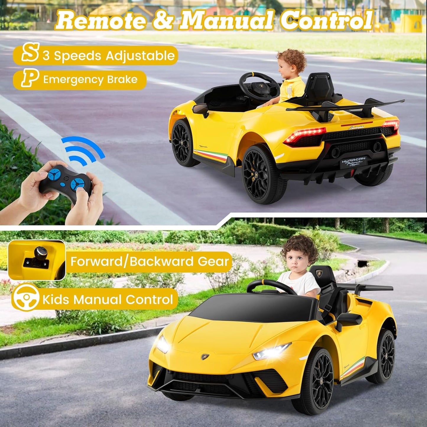 Licensed Lamborghini Huracan Ride on Car by OLAKIDS, 12V Kids Electric Vehicle Battery Powered Toy with Remote Control, LED Lights, Spring Suspension, Bluetooth, MP3, Aged 3-8 Years