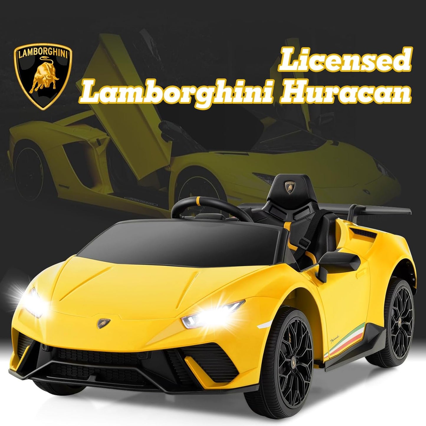 Licensed Lamborghini Huracan Ride on Car by OLAKIDS, 12V Kids Electric Vehicle Battery Powered Toy with Remote Control, LED Lights, Spring Suspension, Bluetooth, MP3, Aged 3-8 Years