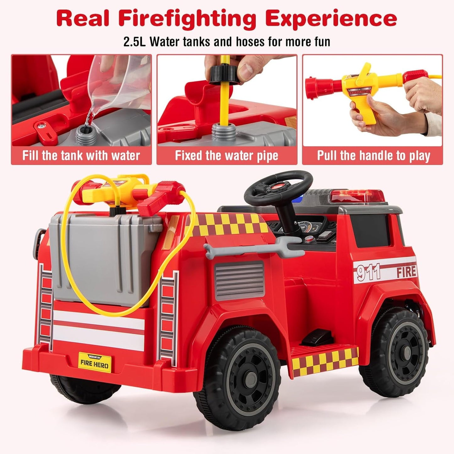 OLAKIDS 12V Ride on Fire Truck with Water Gun, Tank, Megaphone, Siren, Alarm Lamps, Shovel, Music, Remote Control, Aged 3+ Years
