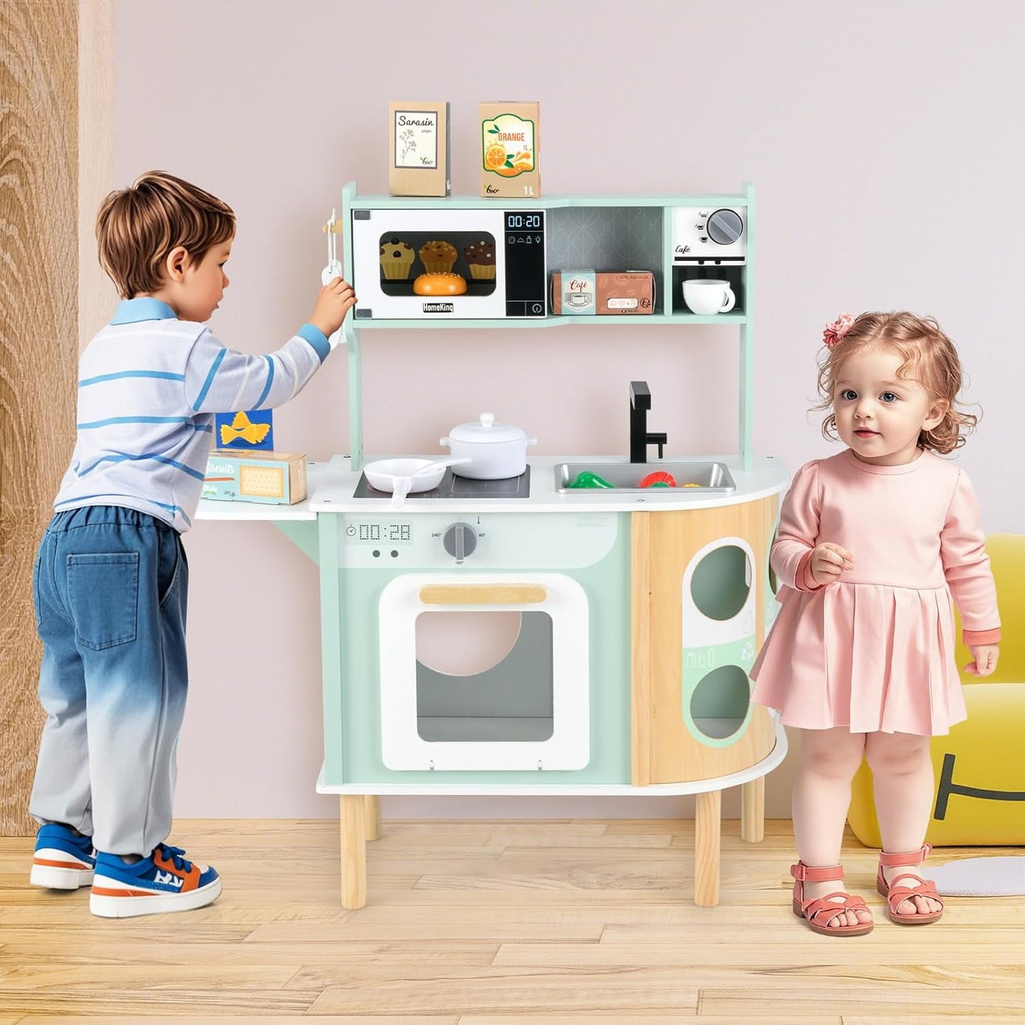 INFANS Kids Kitchen Playset, Toddler Wooden Pretend Cooking Set with Stove Microwave Dustbin Storage Cabinet, Play Kitchen Toy Set with Toy Food Cookware Accessories for Children Boys Girls
