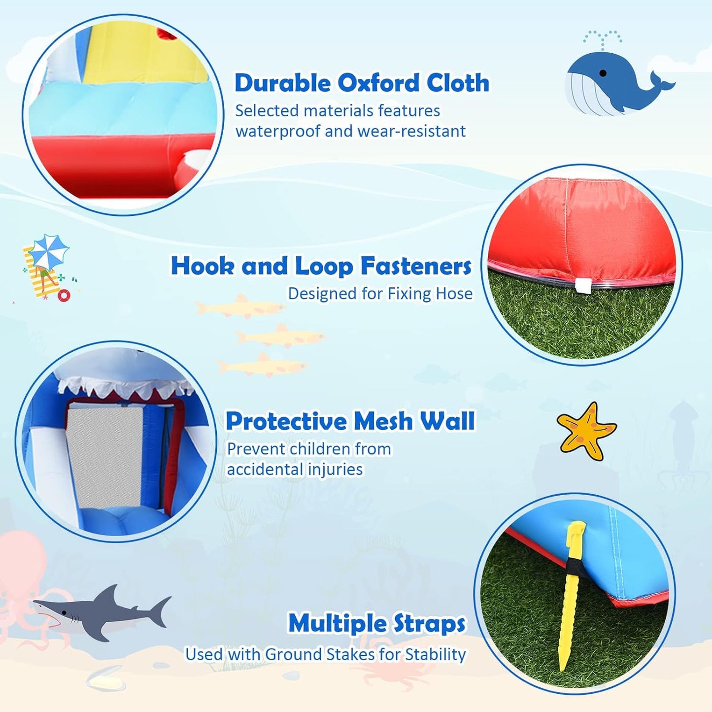 OLAKIDS Inflatable Water Slides, Bouncing House with Slide, Splash Pool, Climbing Wall, Water Gun, Shark Themed Bouncer Castle Outdoor with Hose, Carry Bag, Blower