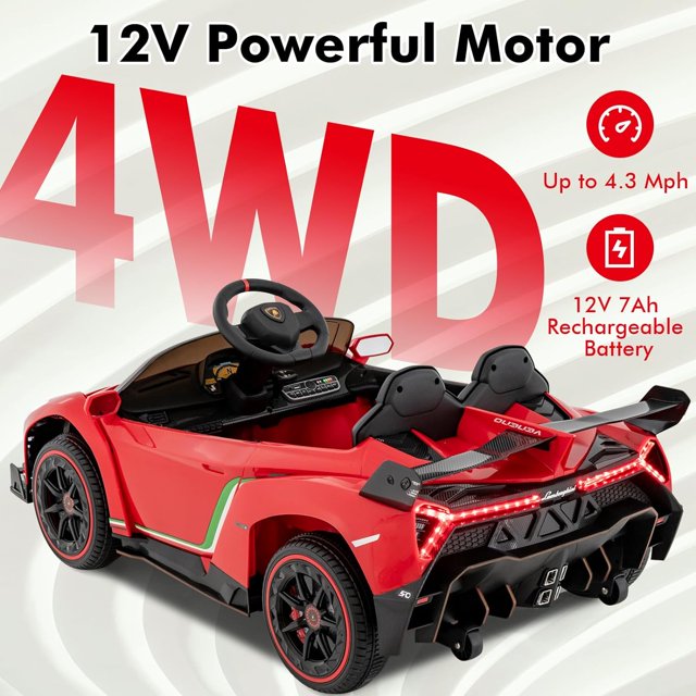 OLAKIDS 2 Seater Kids Ride on Car, 12V 4WD Licensed Lamborghini Veneno Powered Electric Vehicle with Hydraulic Doors, Rocking Mode, Adjustable Speeds, Remote Control, MP3, Headlight