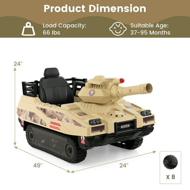 OLAKIDS 12V Ride on Car, Kids Electric Tank with Remote Control, 8 Cannonballs, Rotating Turret, 360°Spin Vehicle, Bluetooth, Battery Powered Army Tank Toy for Boys Girls