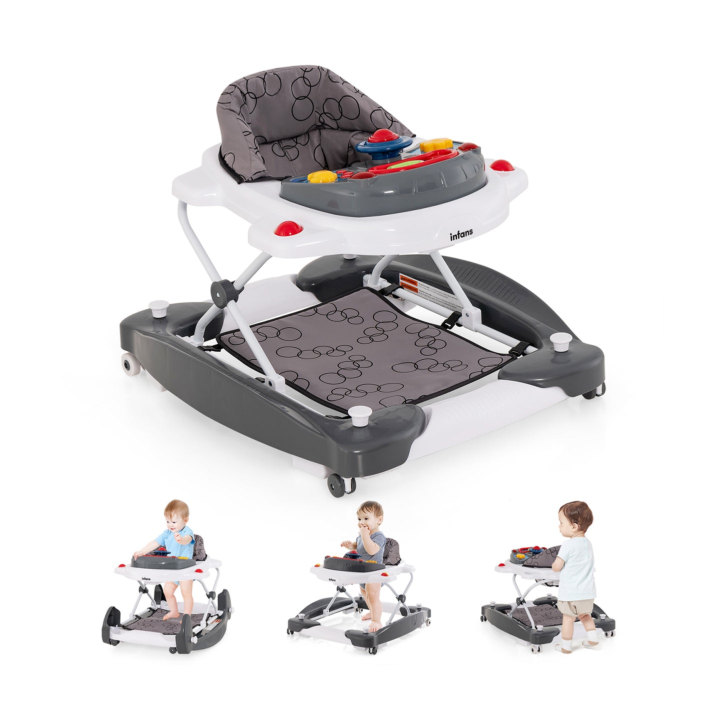INFANS Baby Walker, 5 in 1 Behind Walker Learning Seated Rocker Bouncer with Removable Music Tray, Adjustable Height and Speed, Washable Seat Cushion, Foldable Activity Center for Toddlers