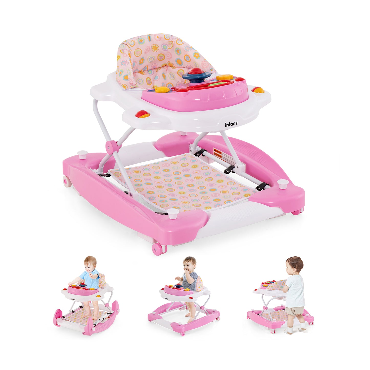 INFANS Baby Walker, 5 in 1 Behind Walker Learning Seated Rocker Bouncer with Removable Music Tray, Adjustable Height and Speed, Washable Seat Cushion, Foldable Activity Center for Toddlers