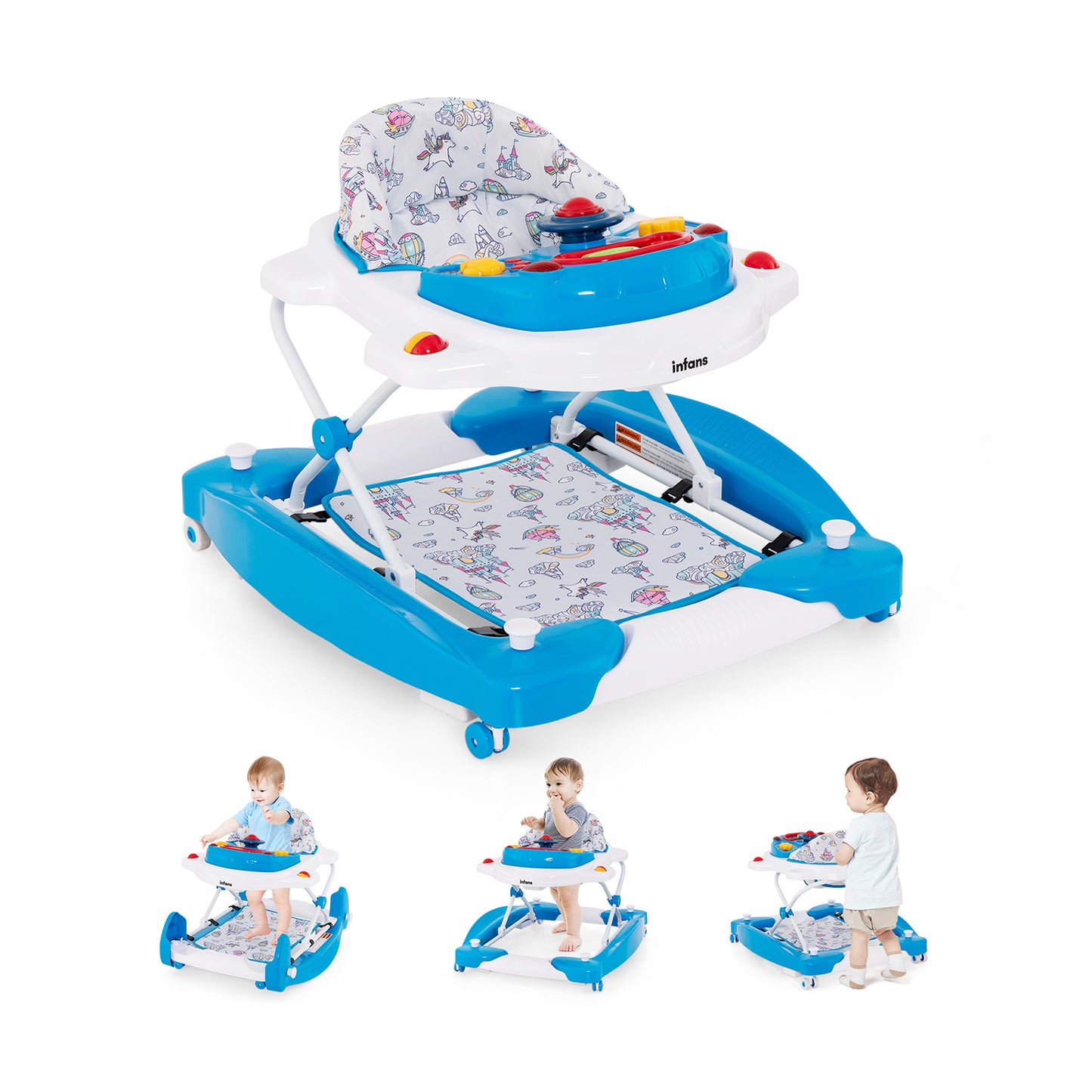 INFANS Baby Walker, 5 in 1 Behind Walker Learning Seated Rocker Bouncer with Removable Music Tray, Adjustable Height and Speed, Washable Seat Cushion, Foldable Activity Center for Toddlers