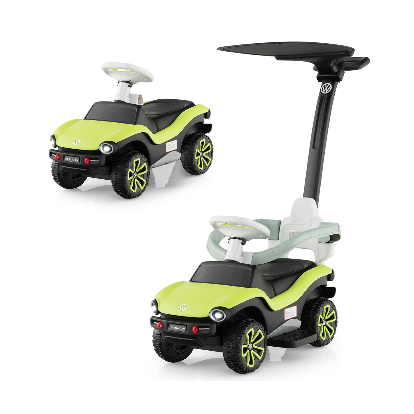 OLAKIDS 3 in 1 Ride on Push Car, Licensed Volkswagen ID. Buggy Sliding Toy with Height Adjustable Push Handle, Removable Canopy and Guardrails, Toddlers Foot to Floor Walking with Music Headlights