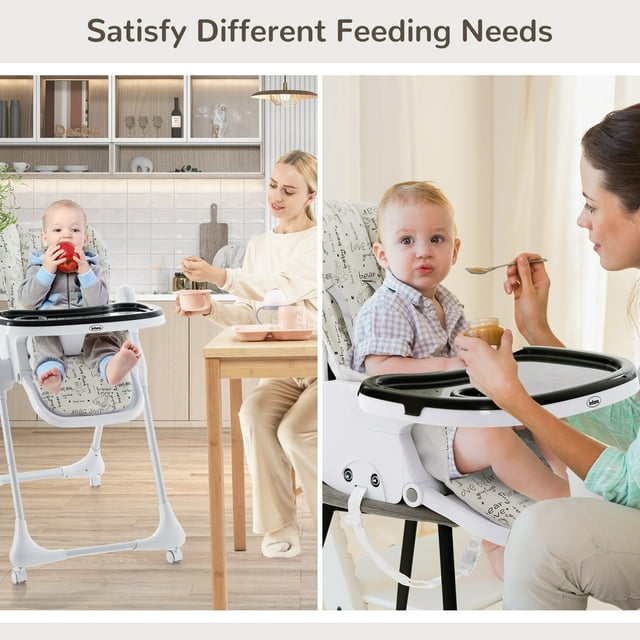 INFANS Baby High Chair, 3 in 1 Quick Folding Portable Highchair for Toddlers with 4 Lockable Universal Wheels Multiple Adjustable Seat Height Backrest and Footrest, Removable Double Trays (Bear)