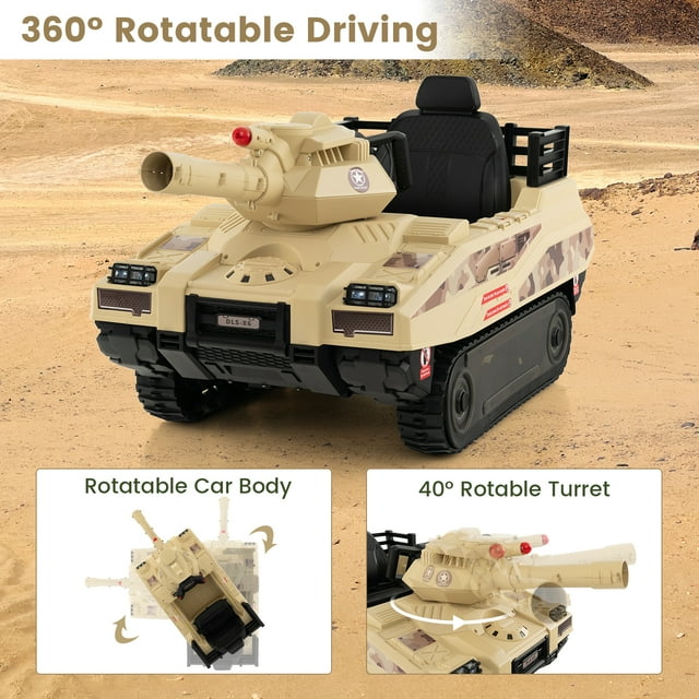 OLAKIDS 12V Ride on Car, Kids Electric Tank with Remote Control, 8 Cannonballs, Rotating Turret, 360°Spin Vehicle, Bluetooth, Battery Powered Army Tank Toy for Boys Girls