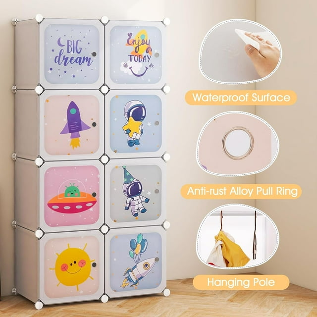 INFANS Children Wardrobe, Kid Closet Portable Baby Dresser Cute for Kids Bedroom Nursery Armoire with Doors 12 Cube 2 Hanging Sections, Kid Clothes Storage Organizer