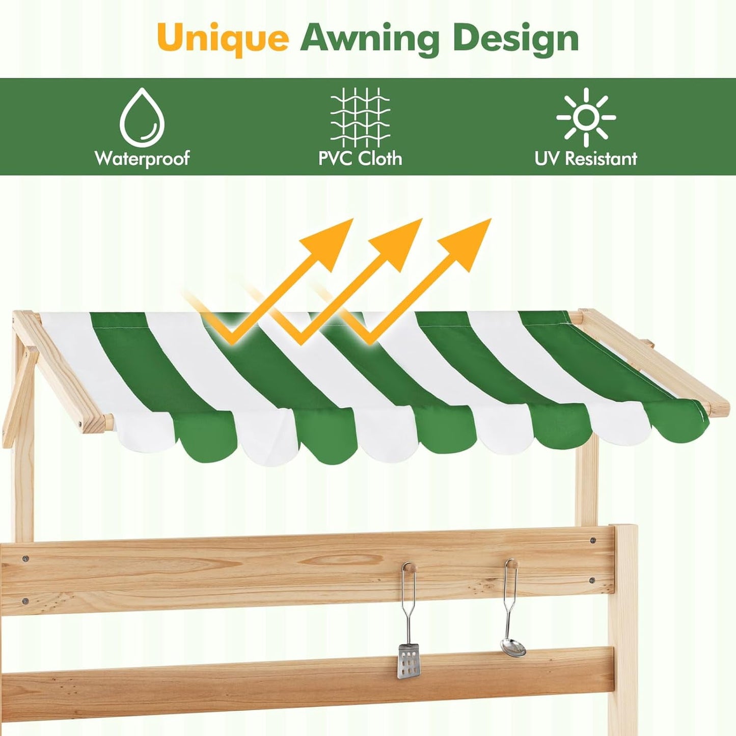 OLAKIDS Mud Kitchen, Outdoor Toys Play Kitchen with Awning Faucet Stoves Removable Sink Cooking Accessories Wooden Kids Kitchen Playset Backyard Garden Toys Gift for Boys Girls Ages 3+