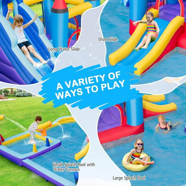 OLAKIDS Inflatable Water Slide, 10 in 1 Rocket Theme Bounce House Water Park with 2 Slides Splash Pool Volleyball Soccer Gate, Outdoor Inflatable Obstacle Course for Kids Backyard (Without 950W)