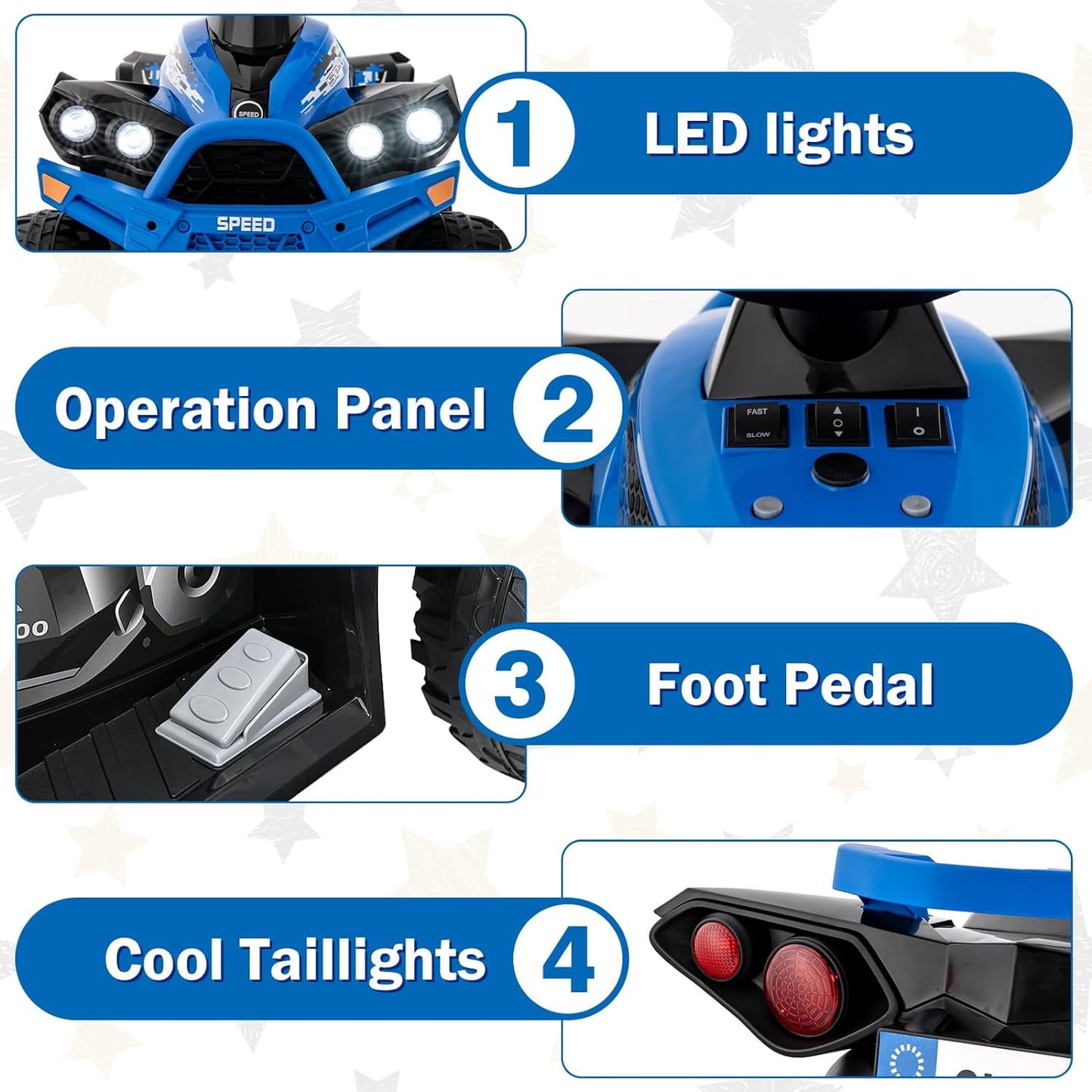 OLAKIDS Kids Ride on ATV, 12V 4 Wheeler Quad Toy Vehicle with Music, Horn, High Low Speeds, LED Lights, Electric Ride On Toy, Battery Powered Wheels Car for Kids Over 3 Years Old