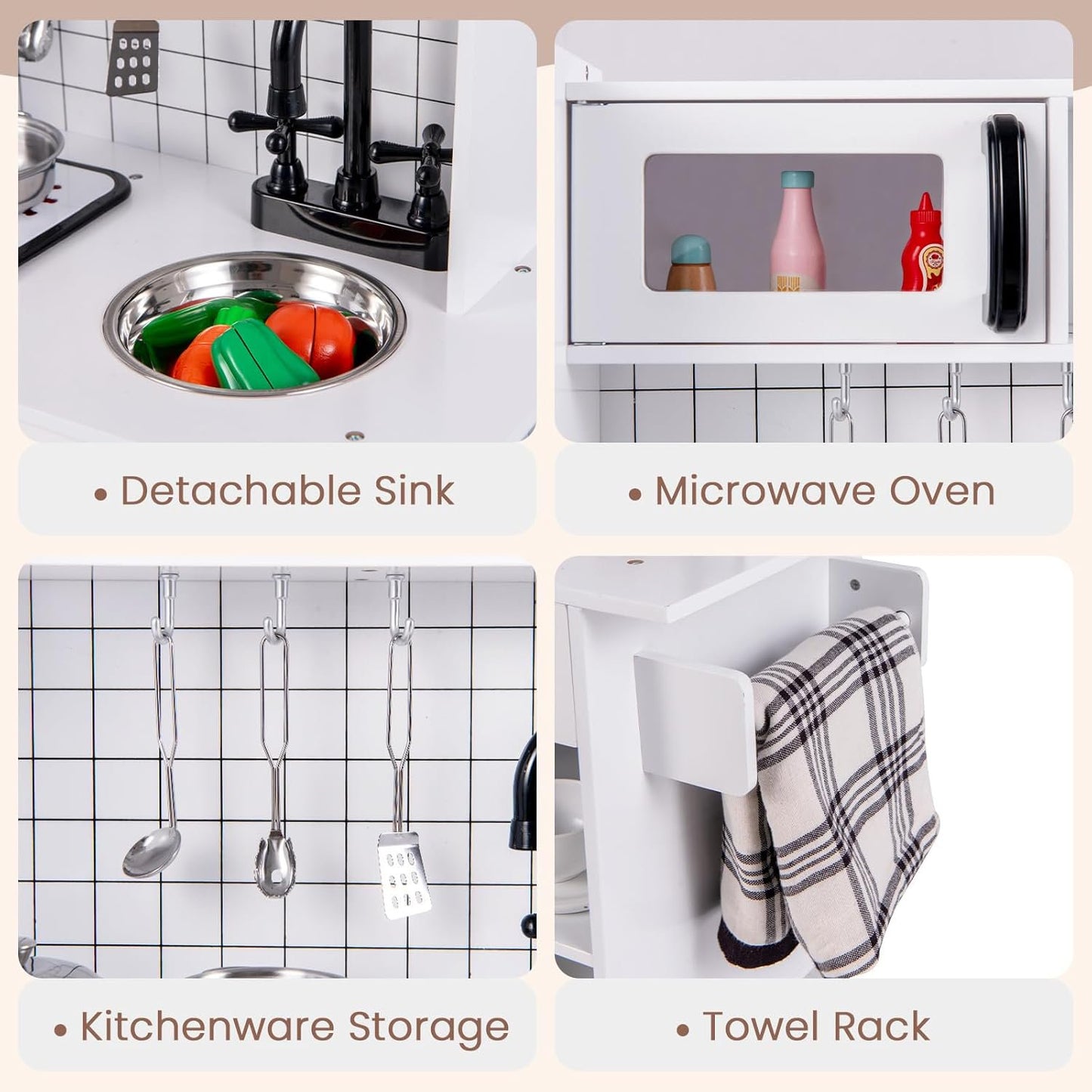OLAKIDS Play Kitchen for Kids, Wooden Kids Play Kitchen Playset with Realistic Light & Sounds, Pots Pan Microwave Sink, Children Pretend Cooking Toy Set Gift for Toddler Boys Girls Ages 3+