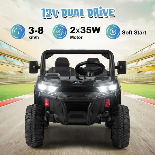 OLAKIDS 2 Seater Ride On UTV, 12V Kids Electric Vehicle Dump Truck with Remote Control, Dump Bed and Extra Shovel, Toddlers Battery Powered Car with Music, USB, AUX, Rocking Function