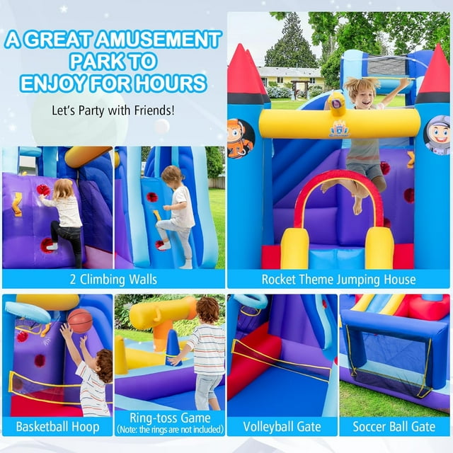 OLAKIDS Inflatable Water Slide, 10 in 1 Rocket Theme Bounce House Water Park with 2 Slides Splash Pool Volleyball Soccer Gate, Outdoor Inflatable Obstacle Course for Kids Backyard (Without 950W)