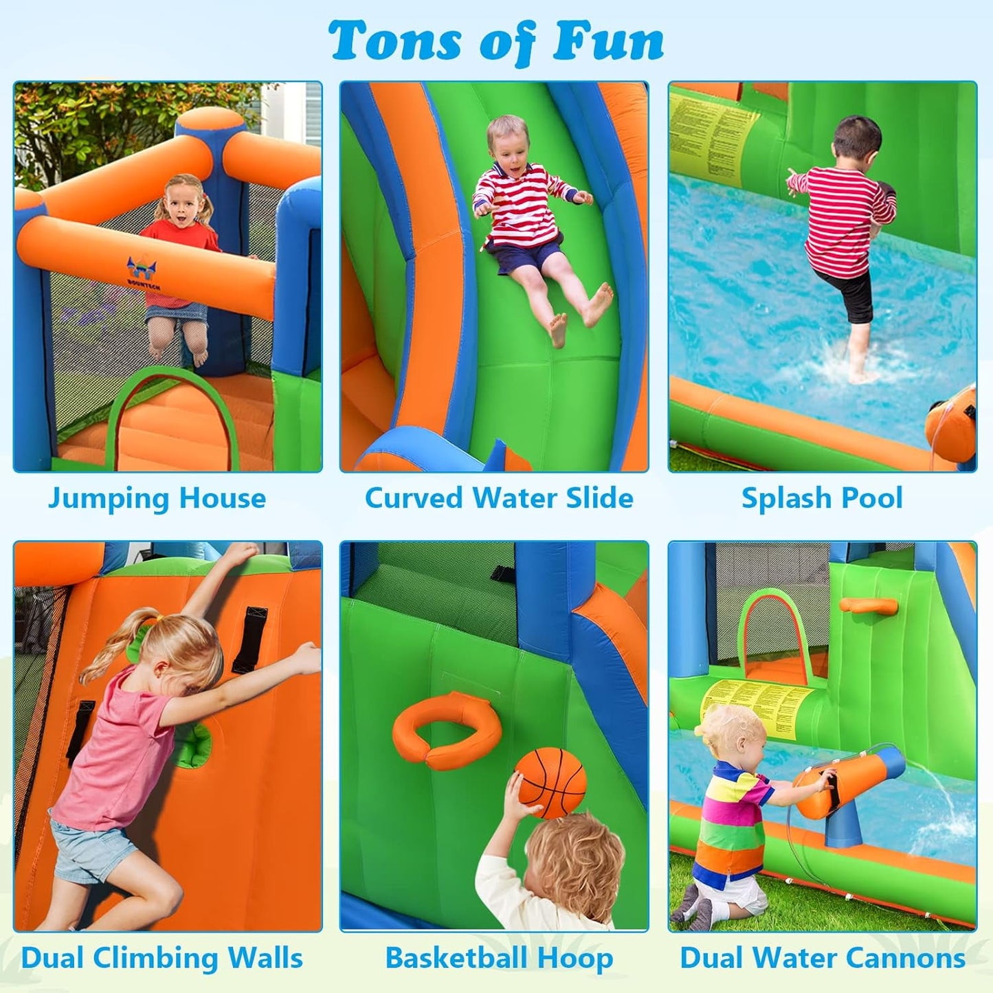 OLAKIDS Inflatable Water Slide, 7 in 1 Bounce House Water Park with Slide Splash Pool Climbing Wall 2 Water Guns Basketball Rim, Outdoor Inflatable Obstacle Course for Kids Backyard (With 735W)