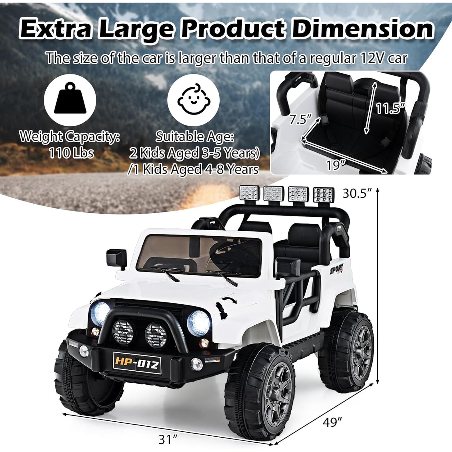 OLAKIDS Ride on Truck, 12V Battery Powered Electric Vehicle for Kids with Remote Control, Power Display, LED Lights, Story, Suspension System, MP3, Ride on Toy for 3+ Boys Girls