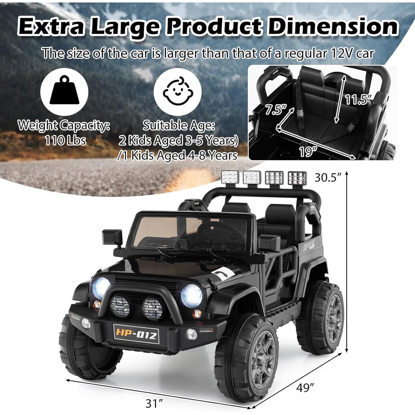 OLAKIDS Ride on Truck, 12V Battery Powered Electric Vehicle for Kids with Remote Control, Power Display, LED Lights, Story, Suspension System, MP3, Ride on Toy for 3+ Boys Girls