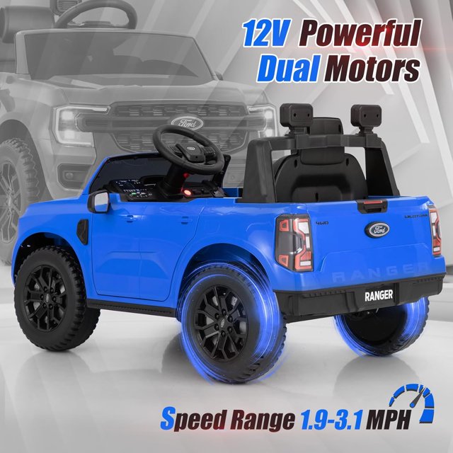 Licensed Ford Ranger Ride on Car for Kids by OLAKIDS, 12V Electric Vehicle with Remote Control, Toddlers Battery Powered Toy Gift with 2 Speeds, Wheels Suspension, Storage Space, Bluetooth USB