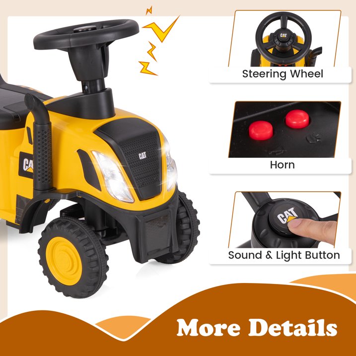 Licensed Caterpillar Ride on Tractor by OLAKIDS, Foot to Floor Sliding Truck with Detachable Trailer, Headlight, Horn, Rake, Shovel, Toy Walker Gift for Kids Toddler Age 1.5-3