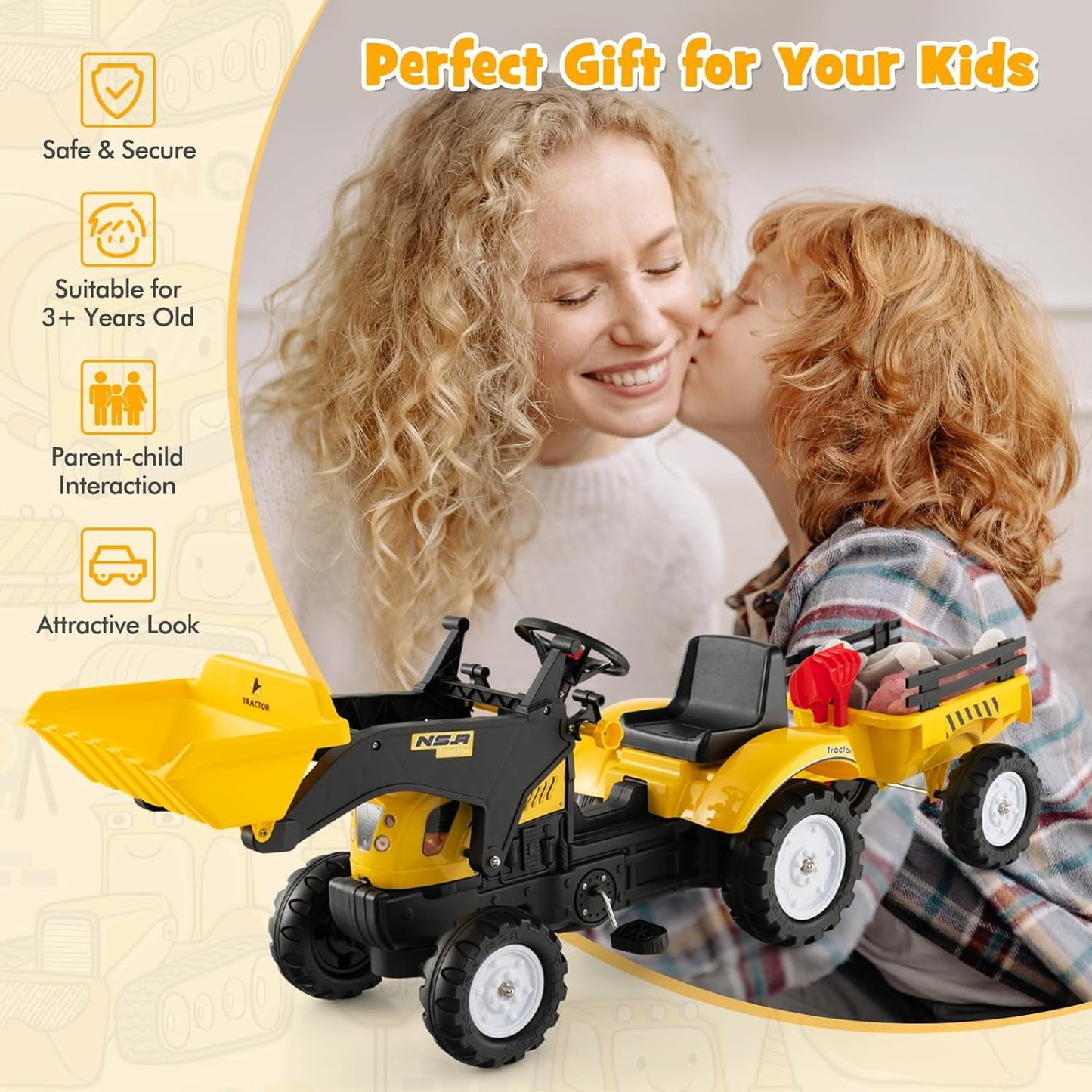 OLAKIDS Kids Ride on Excavator, Pedal Car Bulldozer with Manual Control Bucket, Detachable Cargo Trailer, Shovel, Rake, 6 Wheels, Horn, Construction Tractor for Toddlers 3+